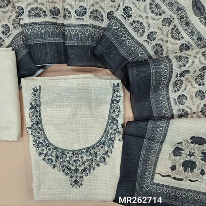 Off white base jute linen unstitched salwar material, sugar bead, zardosi and sequins on yoke,digital printed with sequins on front,(textured, lining needed)matching santoon bottom, printed on jute linen dupatta. MR262714
