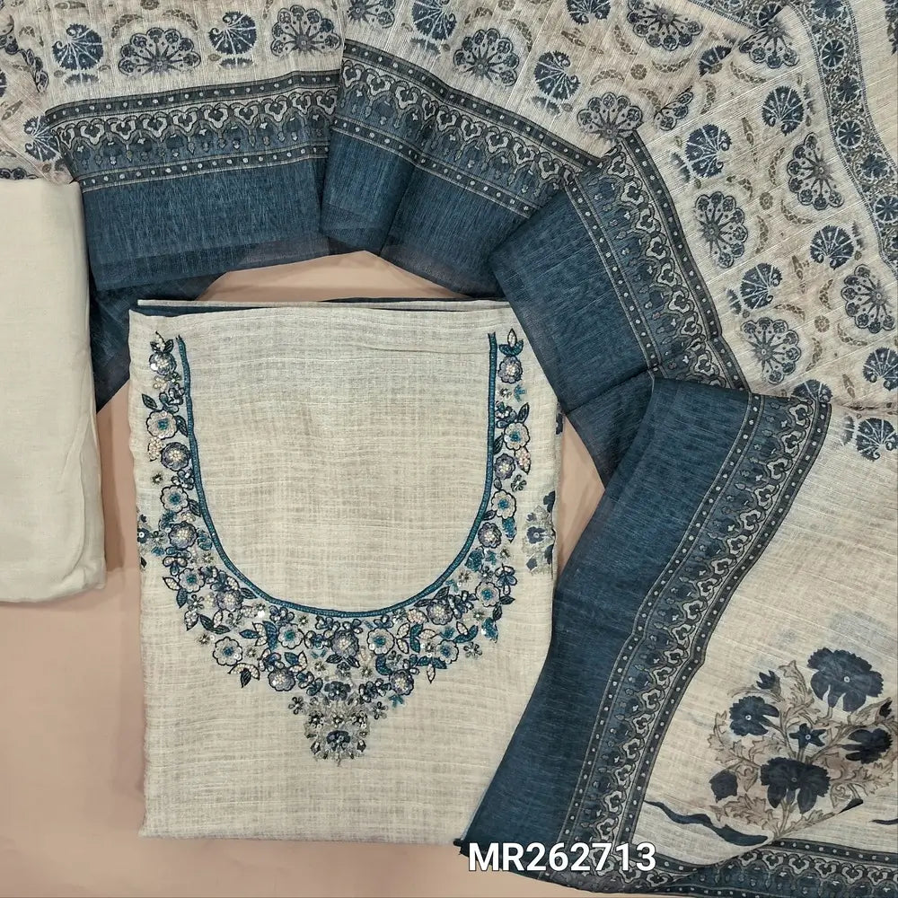 Off white base jute linen unstitched salwar material, sugar bead, zardosi and sequins on yoke,digital printed with sequins on front,(textured, lining needed)matching santoon bottom, printed on jute linen dupatta. MR262713