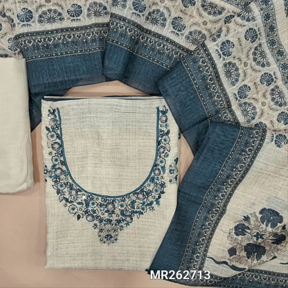 Off white base jute linen unstitched salwar material, sugar bead, zardosi and sequins on yoke,digital printed with sequins on front,(textured, lining needed)matching santoon bottom, printed on jute linen dupatta. MR262713
