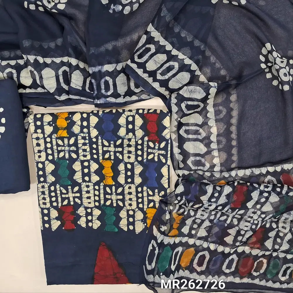 Dark blue multicoloured wax batik dyed pure cotton unstitched salwar material,(lining optional)batik dyed pure cotton bottom, batik design on pure chiffon dupatta (TAPPING NEEDED). MR262726