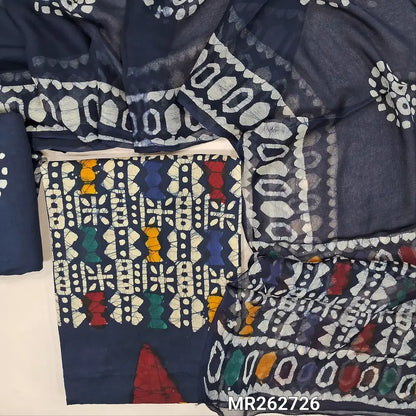 Dark blue multicoloured wax batik dyed pure cotton unstitched salwar material,(lining optional)batik dyed pure cotton bottom, batik design on pure chiffon dupatta (TAPPING NEEDED). MR262726