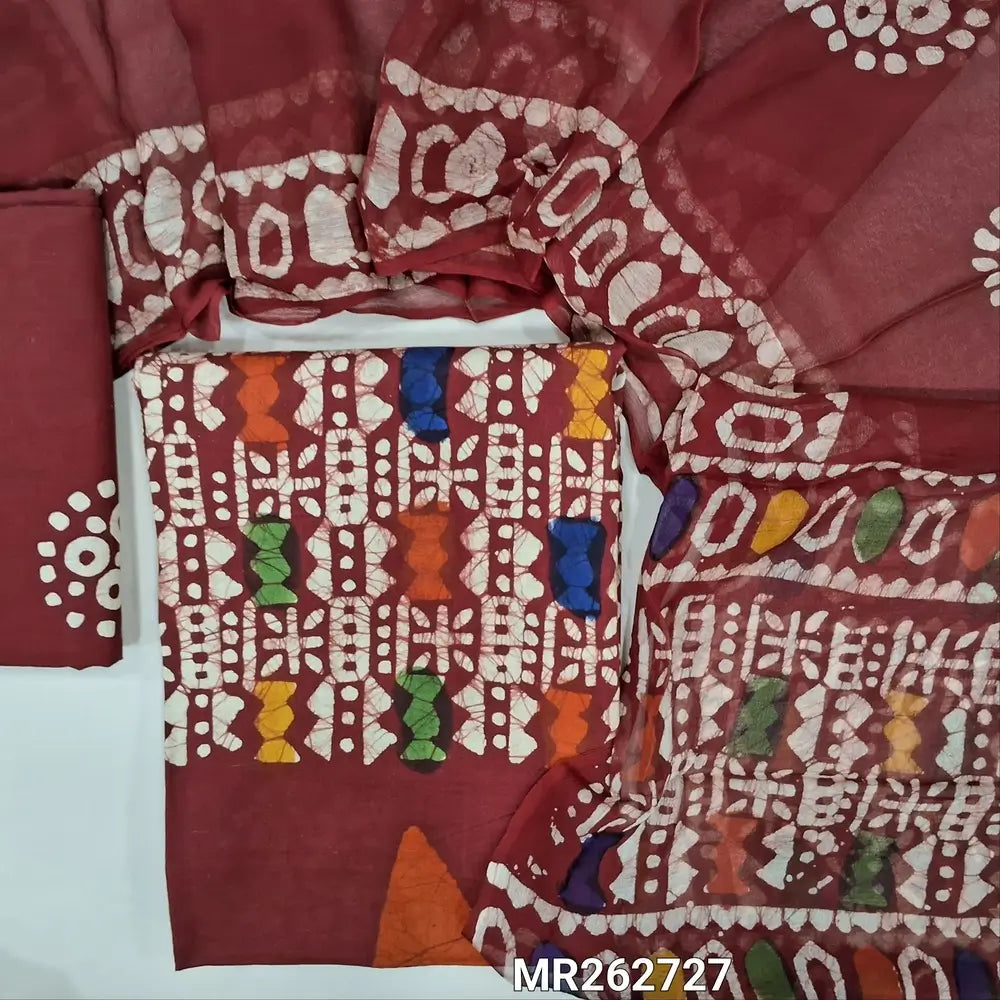 Reddish maroon multicoloured wax batik dyed pure cotton unstitched salwar material,(lining optional)batik dyed pure cotton bottom, batik design on pure chiffon dupatta (TAPPING NEEDED). MR262727