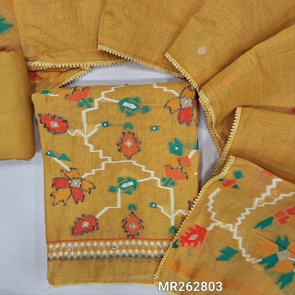Mehandhi yellow jamdani woven premium silk cotton unstitched salwar material bead work on yoke ,weaving design with zardozi and pearl bead work daman(lining needed) matching cotton bottom, jamdani woven silk cotton dupatta. MR262803