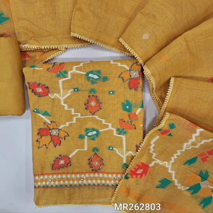 Mehandhi yellow jamdani woven premium silk cotton unstitched salwar material bead work on yoke ,weaving design with zardozi and pearl bead work daman(lining needed) matching cotton bottom, jamdani woven silk cotton dupatta. MR262803