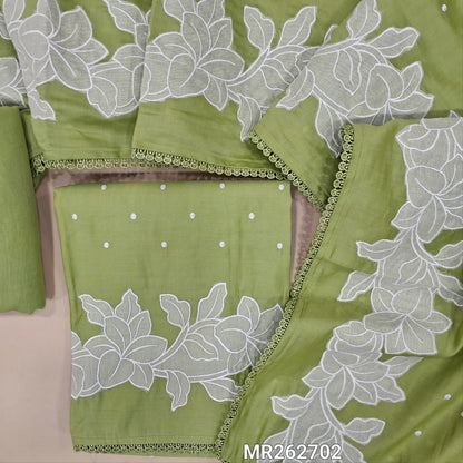 Pastel green mul chanderi unstitched salwar material, thread embroidery on front, applique work on daman,(lining needed)matching santoon bottom,embroidery and applique work on mul chanderi dupatta with lace tapping. MR262702