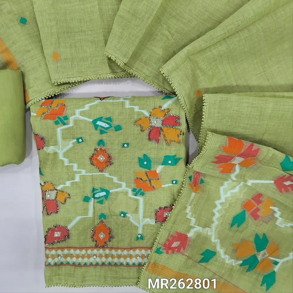 Sage green jamdani woven premium silk cotton unstitched salwar material bead work on yoke ,weaving design with zardozi and pearl bead work daman(lining needed) matching cotton bottom, jamdani woven silk cotton dupatta. MR262801