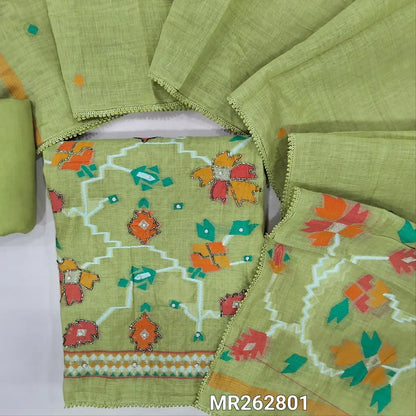 Sage green jamdani woven premium silk cotton unstitched salwar material bead work on yoke ,weaving design with zardozi and pearl bead work daman(lining needed) matching cotton bottom, jamdani woven silk cotton dupatta. MR262801