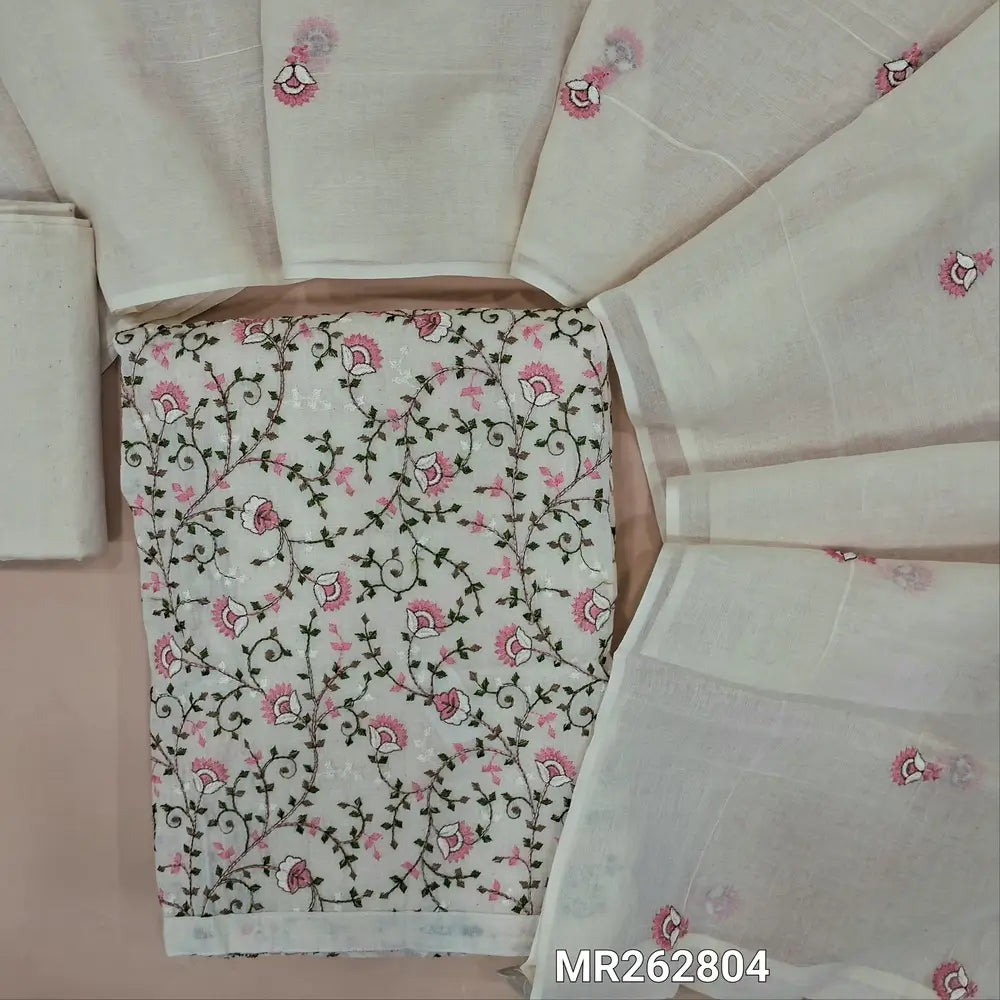 Off white base pure cotton unstitched salwar material, jaal embroidered on front(PINK)(thin fabric, lining needed)matching fabric provided for lining , NO BOTTOM, embroidery work on mul cotton dupatta. MR262804