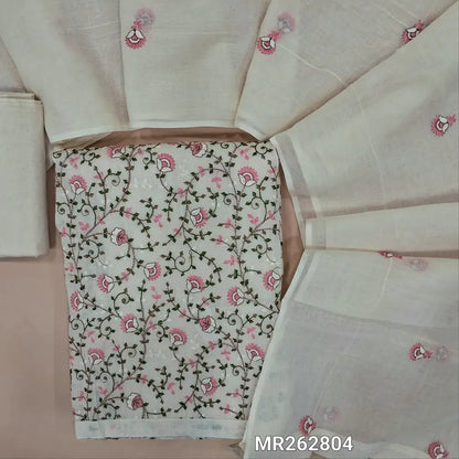 Off white base pure cotton unstitched salwar material, jaal embroidered on front(PINK)(thin fabric, lining needed)matching fabric provided for lining , NO BOTTOM, embroidery work on mul cotton dupatta. MR262804