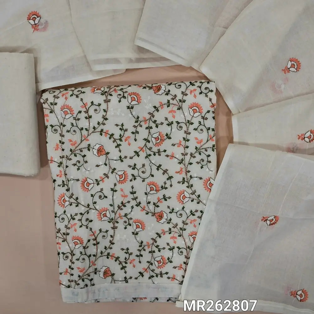 Off white base pure cotton unstitched salwar material,cotton fabric for lining(PEACH) , NO BOTTOM, embroidery work on mul cotton dupatta. MR262807