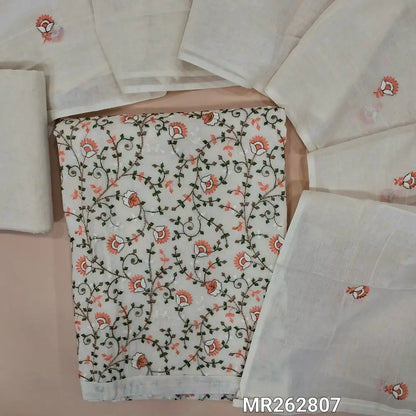 Off white base pure cotton unstitched salwar material,cotton fabric for lining(PEACH) , NO BOTTOM, embroidery work on mul cotton dupatta. MR262807