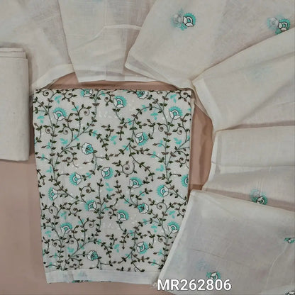 Off white base pure cotton unstitched salwar material, jaal embroidered on front(BLUE)(thin fabric, lining needed)matching fabric provided for lining , NO BOTTOM, embroidery work on mul cotton dupatta. MR262806