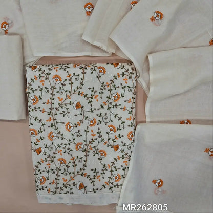 Off white base pure cotton unstitched salwar material, jaal embroidered on front(YELLOW)(thin fabric, lining needed)matching fabric provided for lining , NO BOTTOM, embroidery work on mul cotton dupatta. MR262805