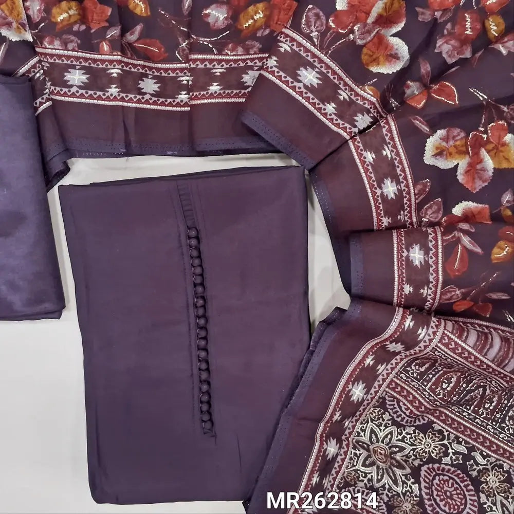 Deep wine purple fancy silk cotton unstitched salwar material,potli buttons on yoke(lining optional)silky bottom,digital printed soft silk cotton dupatta. MR262814