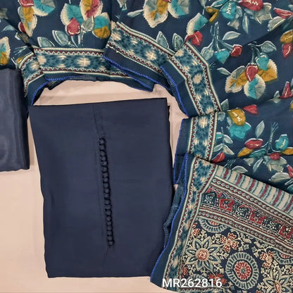 Dark blue fancy silk cotton unstitched salwar material,potli buttons on yoke(lining optional)silky bottom,digital printed soft silk cotton dupatta. MR262816