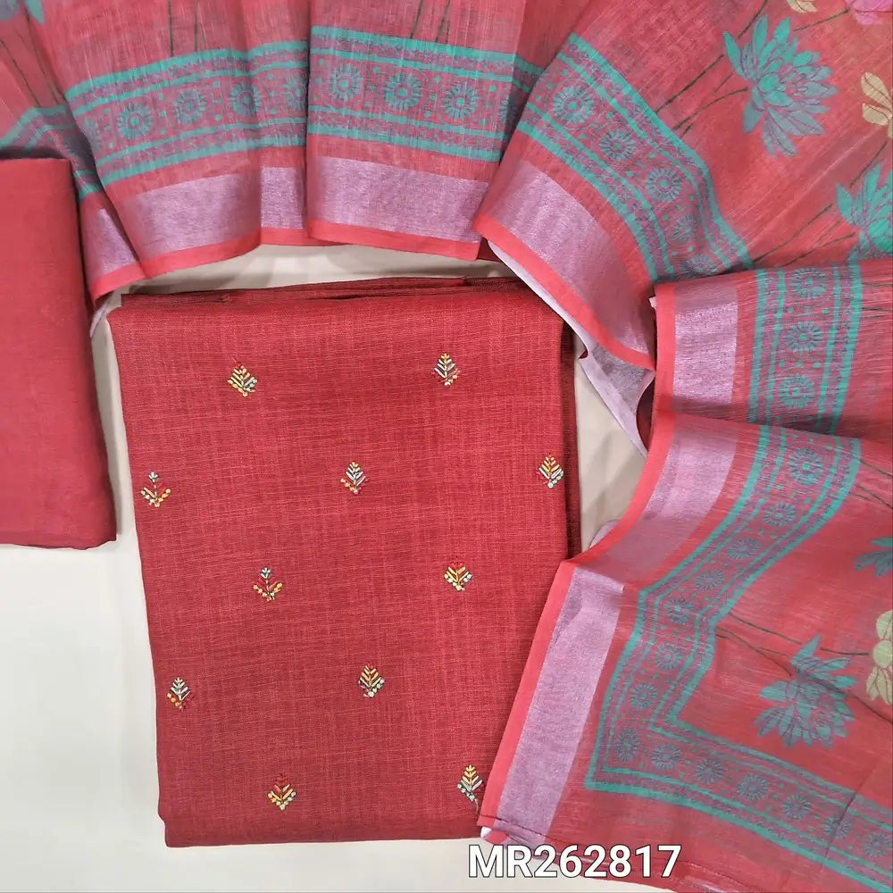 Dark peachish pink semi linen unstitched salwar material,floral embroidery work on front (textured, lining optional) matching santoon bottom,digital printed semi linen dupatta. MR262817