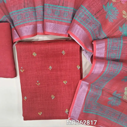 Dark peachish pink semi linen unstitched salwar material,floral embroidery work on front (textured, lining optional) matching santoon bottom,digital printed semi linen dupatta. MR262817