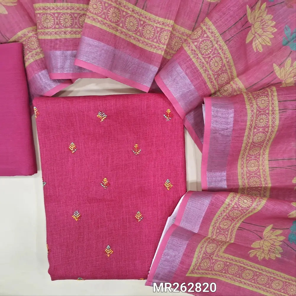 Dark pink semi linen unstitched salwar material,floral embroidery work on front (textured, lining optional) matching santoon bottom,digital printed semi linen dupatta. MR262820