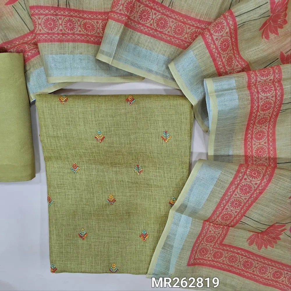 Light mossy green semi linen unstitched salwar material,floral embroidery work on front (textured, lining optional) matching santoon bottom,digital printed semi linen dupatta. MR262819