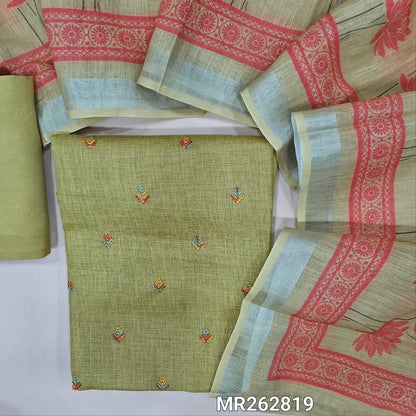 Light mossy green semi linen unstitched salwar material,floral embroidery work on front (textured, lining optional) matching santoon bottom,digital printed semi linen dupatta. MR262819