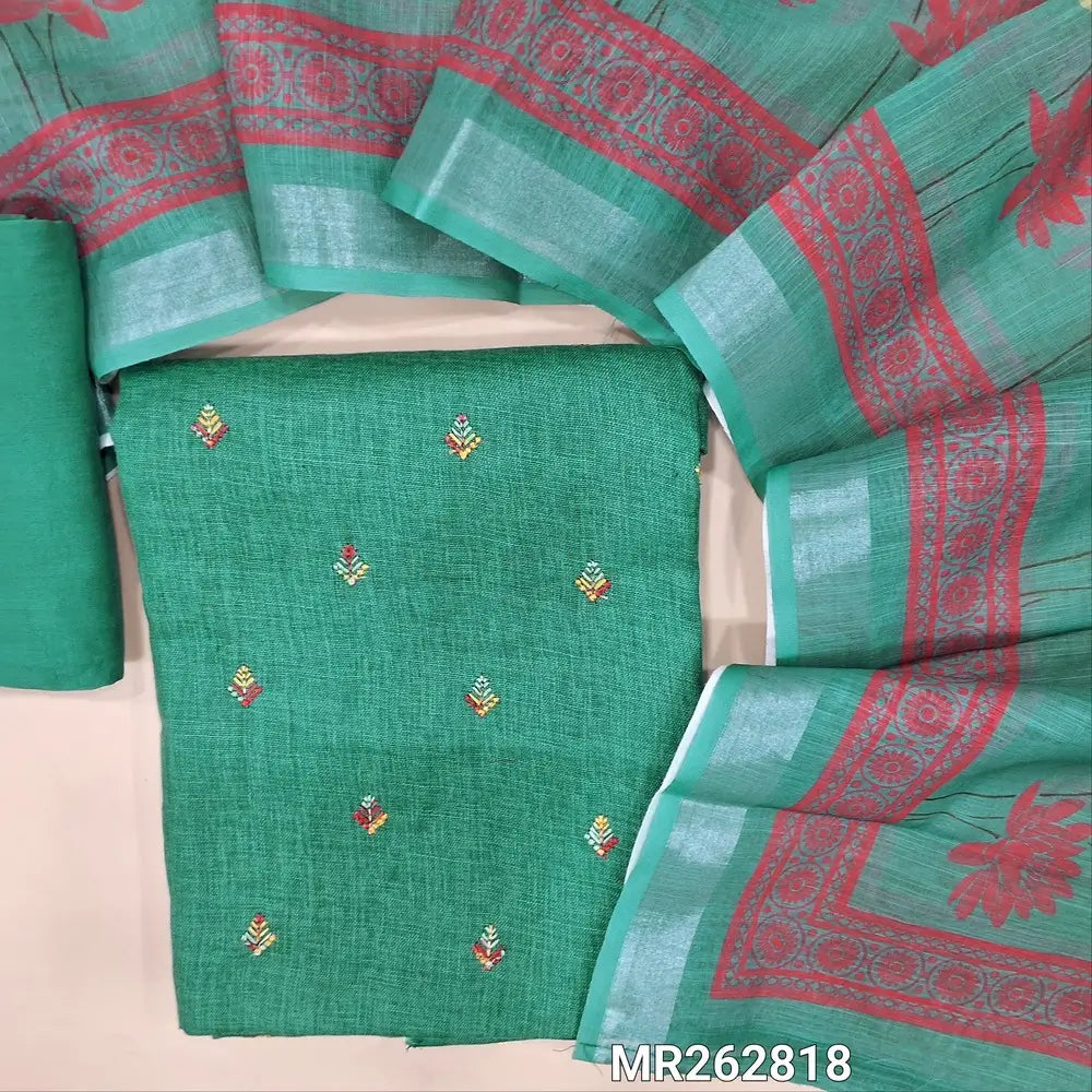 Light teal green semi linen unstitched salwar material,floral embroidery work on front (textured, lining optional) matching santoon bottom,digital printed semi linen dupatta. MR262818