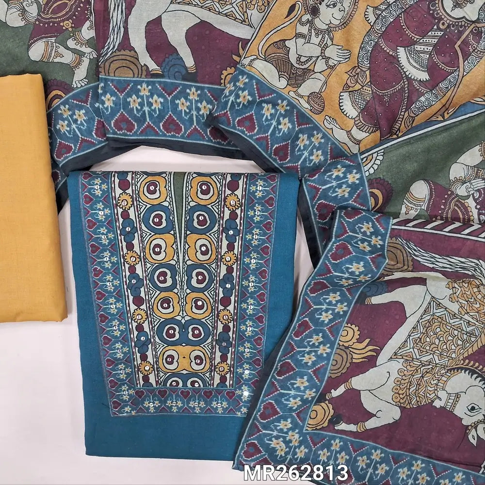 Dark teal blue dabu cotton unstitched salwar material,block printed yoke with sequins(lining optional) light yellow cotton bottom, colourful printed short width mul cotton dupatta. MR262813
