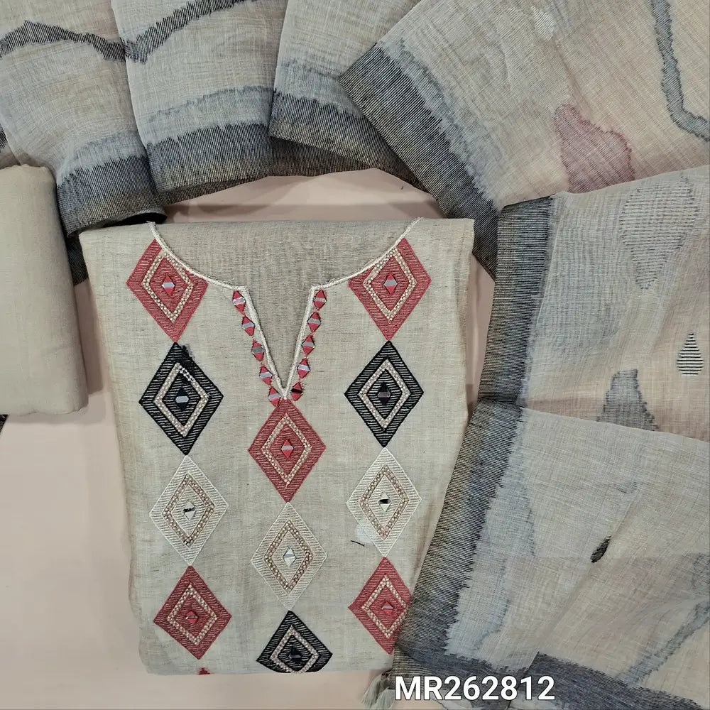 Rich beige premium silk cotton unstitched salwar material, pearl bead, real mirror and embroidery work, zari and thread weaving on front(lining needed)spun cotton bottom, weaving on silk cotton dupatta. MR262812