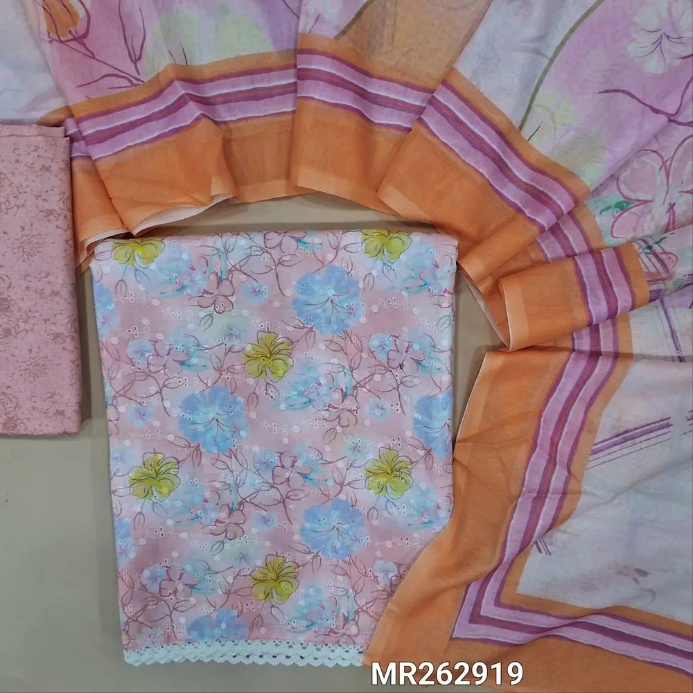 Pastel peachish pink floral printed glazed cotton unstitched salwar material,self embroidery work on front,(soft ,lining needed)printed cotton bottom, digital printed mixed cotton dupatta. MR262919