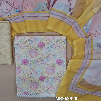 Pastel yellow floral printed glazed cotton unstitched salwar material,self embroidery work on front,(soft ,lining needed)printed cotton bottom, digital printed mixed cotton dupatta. MR262920