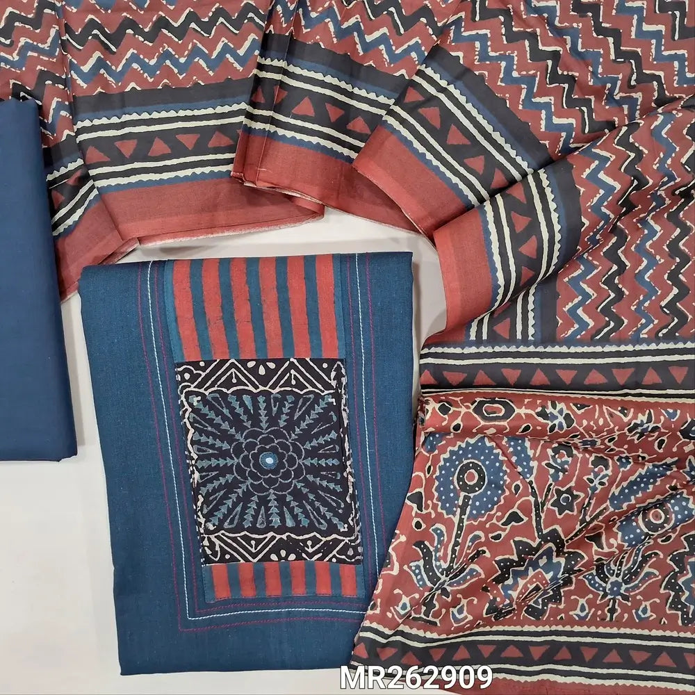 Dark blue dabu cotton unstitched salwar material,ajrak yoke patch, applique work on front(lining optional)matching cotton bottom, printed pure soft cotton dupatta. MR262909