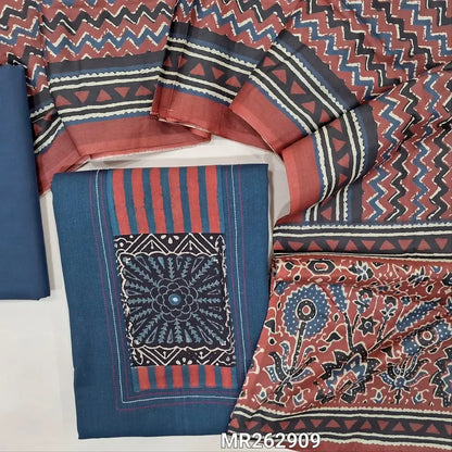 Dark blue dabu cotton unstitched salwar material,ajrak yoke patch, applique work on front(lining optional)matching cotton bottom, printed pure soft cotton dupatta. MR262909