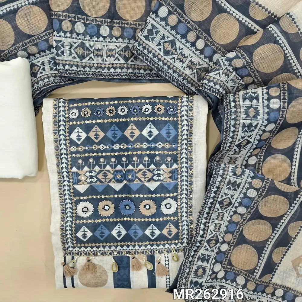Off white pure linen unstitched salwar material,digital printed yoke with bead and faux mirror work, stripes and polka dot on front(thin fabric, lining needed) spun cotton bottom,digital printed premium linen dupatta. MR262916