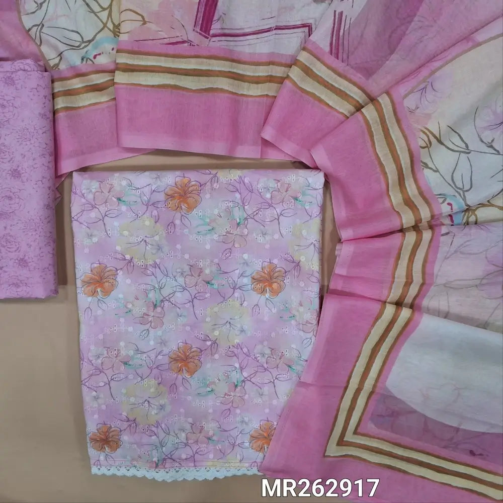 Pastel pink floral printed glazed cotton unstitched salwar material,self embroidery work on front,(soft ,lining needed)printed cotton bottom, digital printed mixed cotton dupatta. MR262917