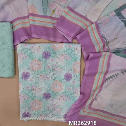 Pastel blue floral printed glazed cotton unstitched salwar material,self embroidery work on front,(soft ,lining needed)printed cotton bottom, digital printed mixed cotton dupatta. MR262918