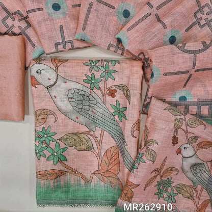 Light peachish pink with golden tint tissue linen unstitched salwar material,printed with zardosi, pearl bead and cut bead work on yoke and daman (thin, lining needed)santoon bottom,digital printed tissue linen dupatta with lace tapping. MR262910