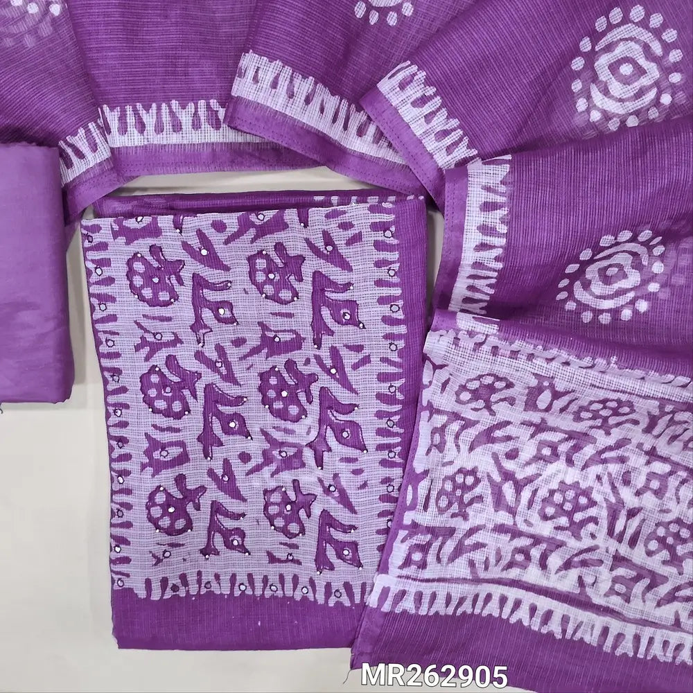 Purple kota unstitched salwar material,wax batik yoke with thread and faux mirror,wax batik printed allover,(thin, lining needed)matching silky fabric provided for both bottom and lining, batik design on kota silk cotton dupatta. MR262905
