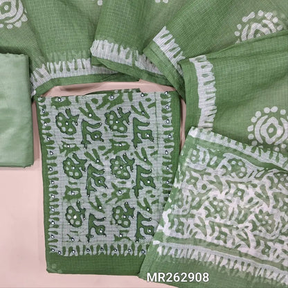 Sage green pure kota unstitched salwar material,wax batik yoke with thread and faux mirror,wax batik printed allover,(thin, lining needed)matching silky fabric provided for both bottom and lining, batik design on kota silk cotton dupatta. MR262908