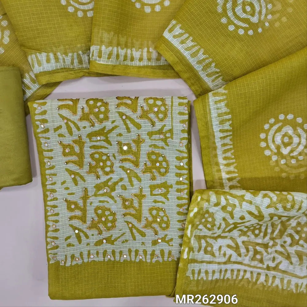 Bright mehandhi green kota unstitched salwar material,wax batik yoke with thread and faux mirror,wax batik printed allover,(thin, lining needed)matching silky fabric provided for both bottom and lining, batik design on kota silk cotton dupatta. MR262906
