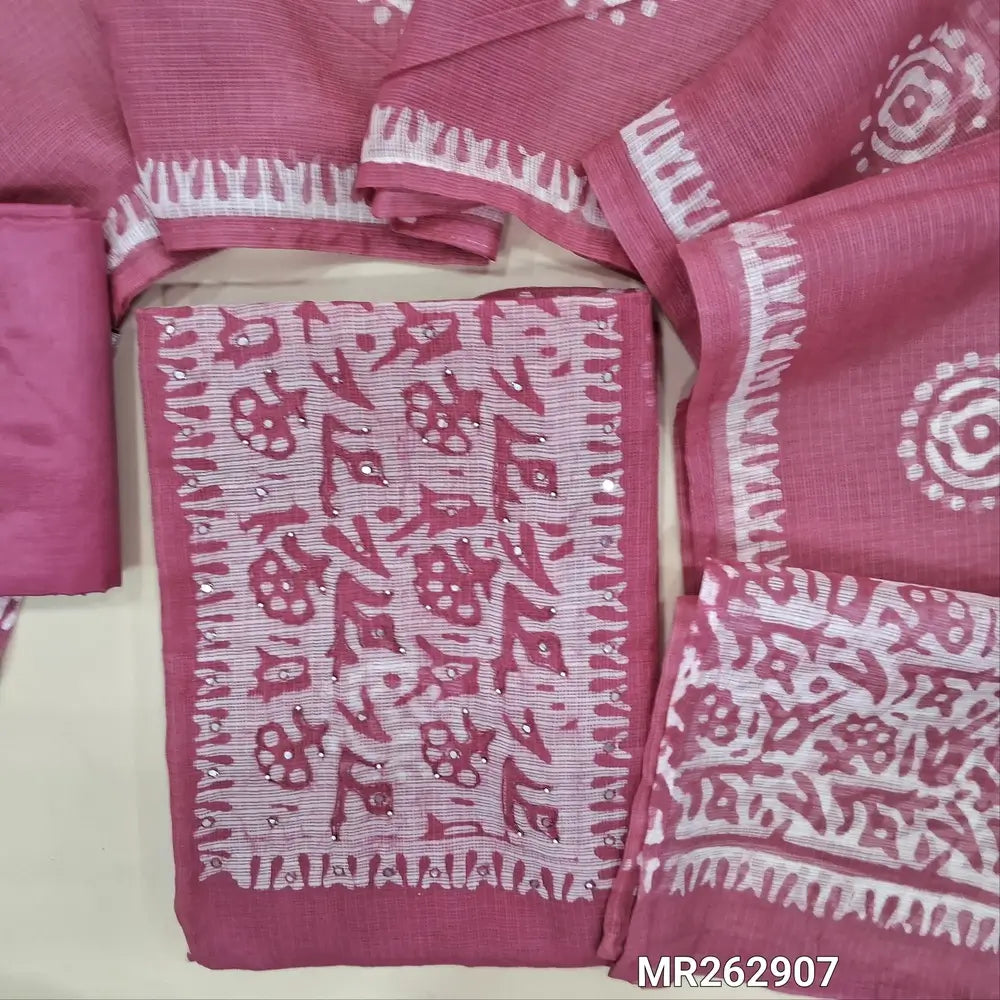 Pink pure kota unstitched salwar material,wax batik yoke with thread and faux mirror,wax batik printed allover,(thin, lining needed)matching silky fabric provided for both bottom and lining, batik design on kota silk cotton dupatta. MR262907