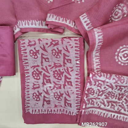 Pink pure kota unstitched salwar material,wax batik yoke with thread and faux mirror,wax batik printed allover,(thin, lining needed)matching silky fabric provided for both bottom and lining, batik design on kota silk cotton dupatta. MR262907