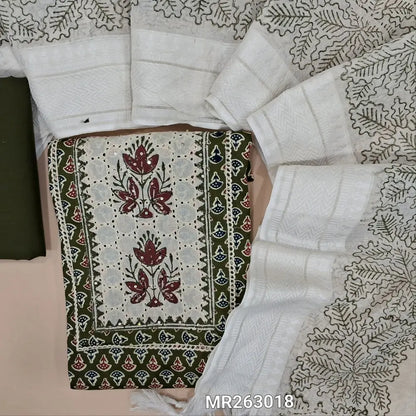 Dark olive green printed pure cotton unstitched salwar material, block printed yoke with schiffli work(lining optional)matching cotton bottom, hand block printed and applique work on fancy silk cotton dupatta(TAPING NEEDED). MR263018