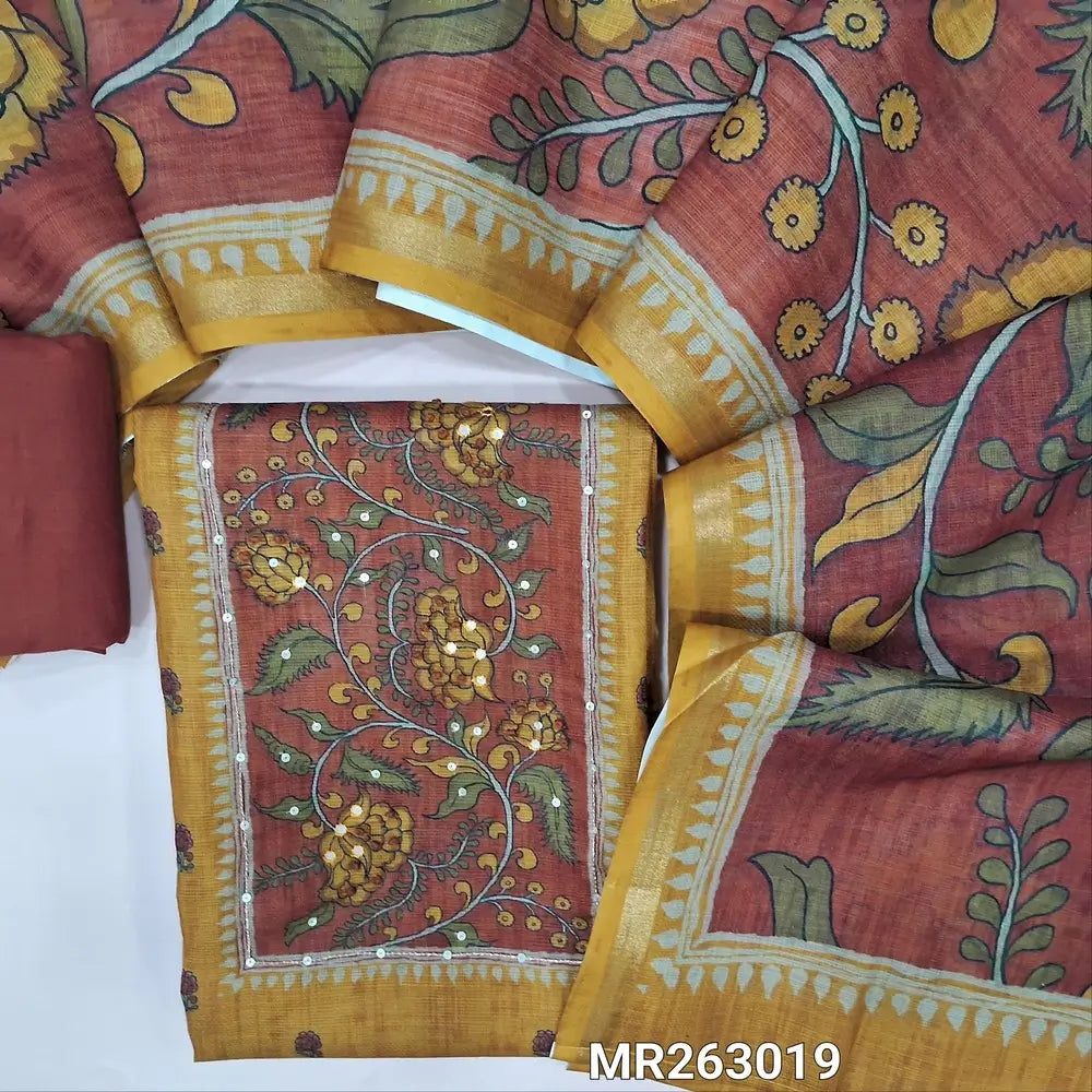 Dark fenugreek yellow printed accord linen unstitched salwar material,kalamkari printed yoke with french knot and faux mirror ( lining needed ) dark maroon cotton bottom,kalamkari printed accord linen dupatta.MR263019
