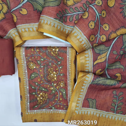 Dark fenugreek yellow printed accord linen unstitched salwar material,kalamkari printed yoke with french knot and faux mirror ( lining needed ) dark maroon cotton bottom,kalamkari printed accord linen dupatta.MR263019