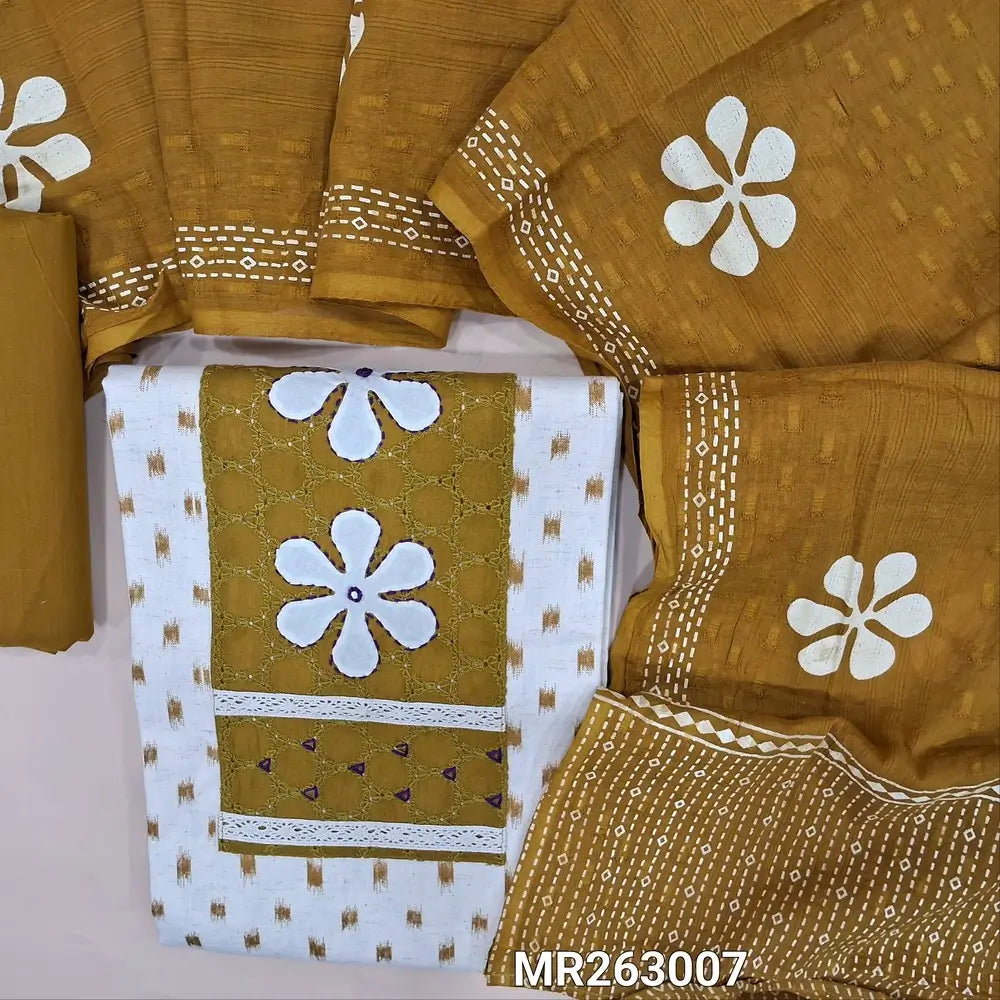Half white base flex cotton unstitched salwar material,schiffli yoke with applique and kantha stitch work,ikat printed all over(lining optional)mehandhi green cotton bottom,block printed pure jakard cotton dupatta. MR263007