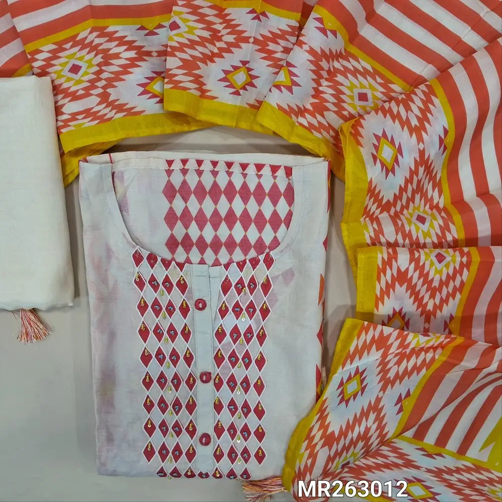 Off white with peach tint pure muslin silk unstitched salwar material, thread embroidery and sugar bead work on yoke, digital printed all over(lining needed)santoon bottom, digital printed pure muslin silk dupatta. MR263012