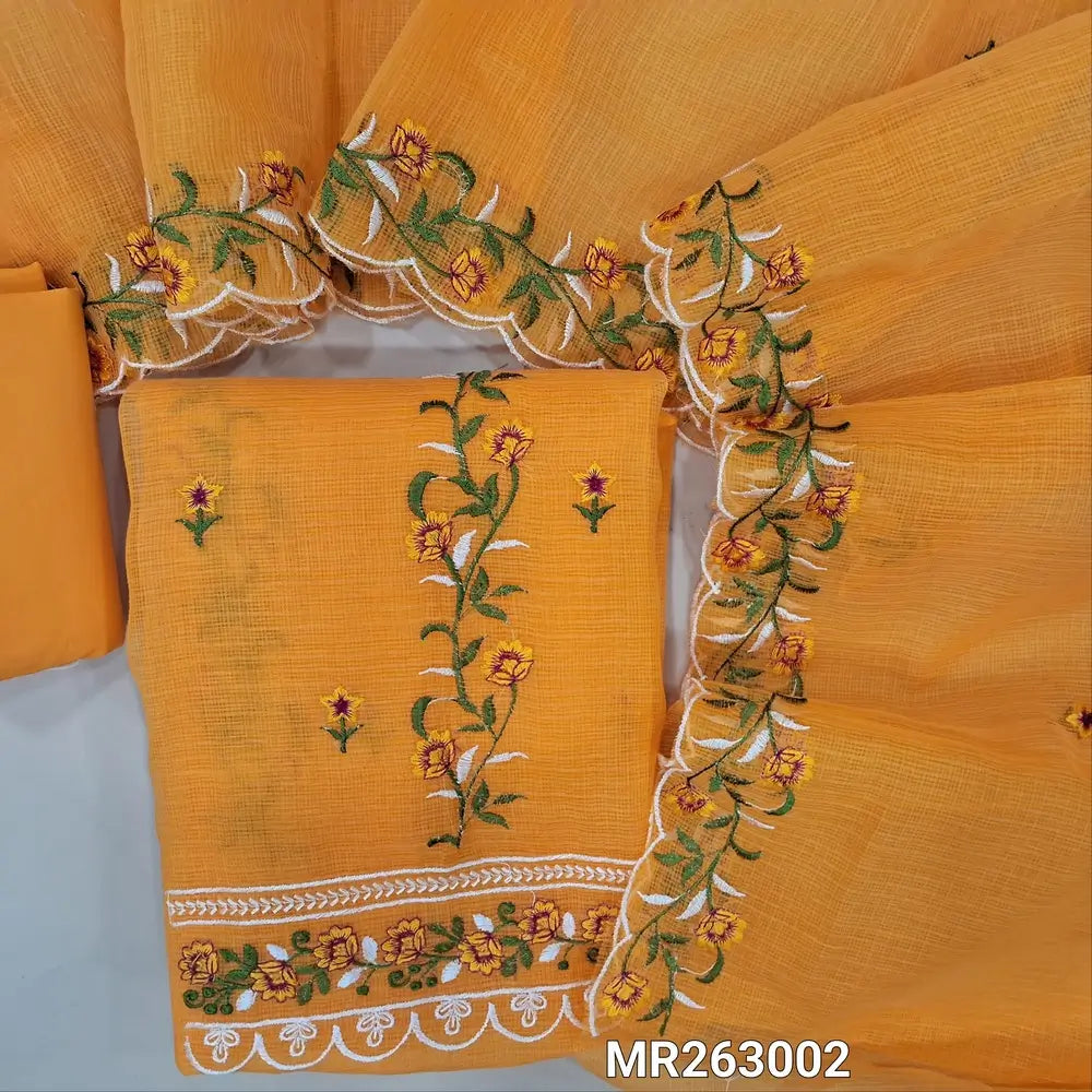 Orange premium kota unstitched salwar material,panel design,rich embroidery, embroidered daman (Lining Needed)matching cotton bottom,rich embroidery work on full length kota dupatta with scallop edges. MR263002