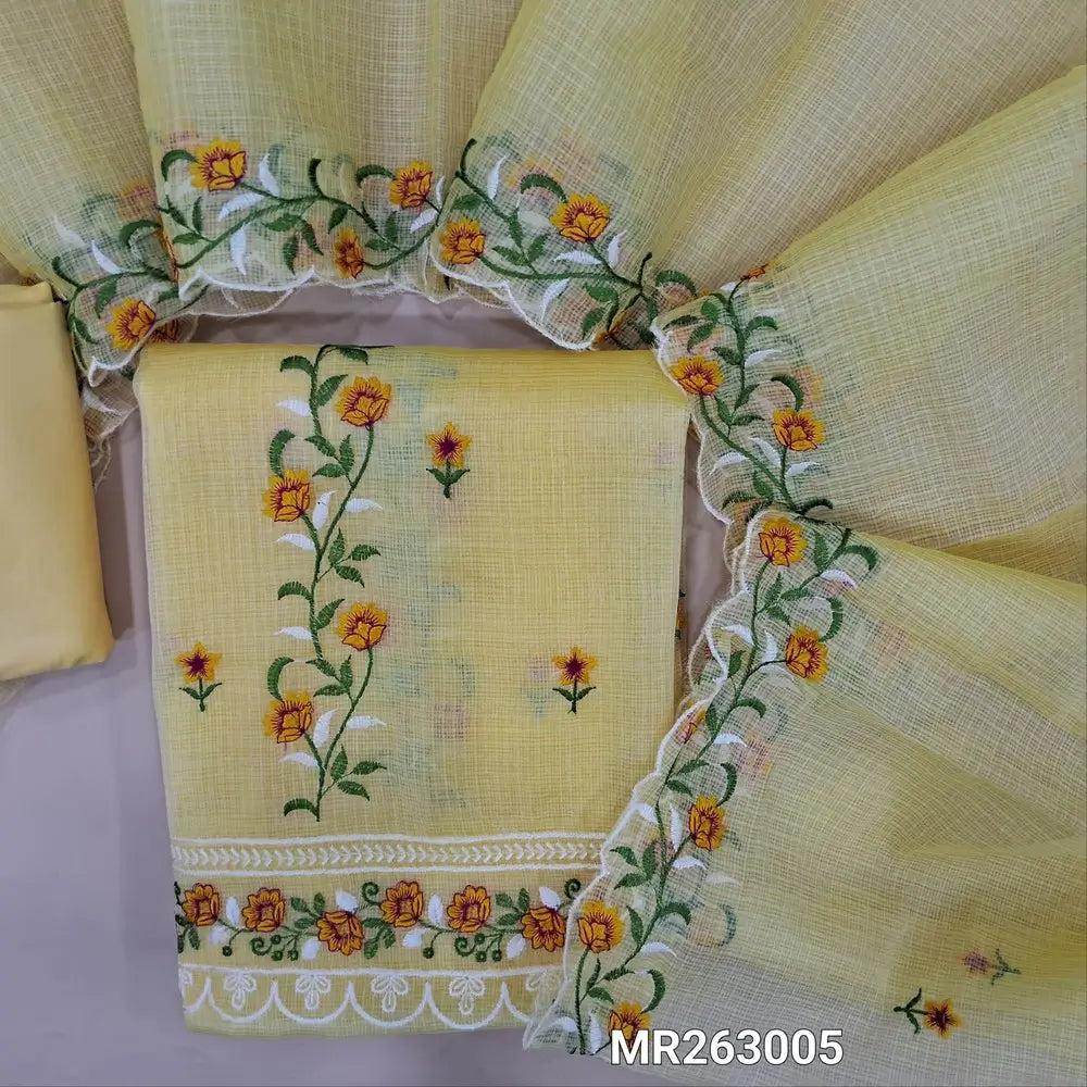 Pastel yellow premium kota unstitched salwar material,panel design,rich embroidery, embroidered daman (Lining Needed)matching cotton bottom,rich embroidery work on full length kota dupatta with scallop edges. MR263005