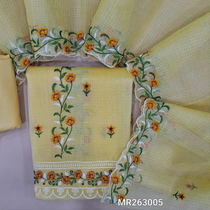 Pastel yellow premium kota unstitched salwar material,panel design,rich embroidery, embroidered daman (Lining Needed)matching cotton bottom,rich embroidery work on full length kota dupatta with scallop edges. MR263005