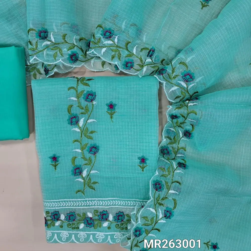 Sea green premium kota unstitched salwar material,panel design,rich embroidery, embroidered daman (Lining Needed)matching cotton bottom,rich embroidery work on full length kota dupatta with scallop edges. MR263001