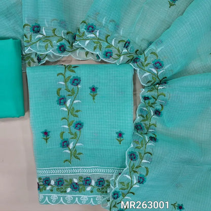 Sea green premium kota unstitched salwar material,panel design,rich embroidery, embroidered daman (Lining Needed)matching cotton bottom,rich embroidery work on full length kota dupatta with scallop edges. MR263001